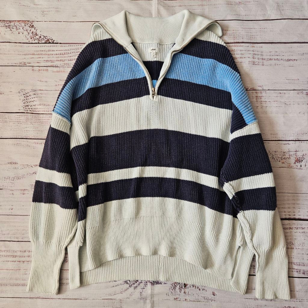Aerie Blue White Striped Knit Quarter Zip Pullover Cotton Oversized Womens Large - Picture 2 of 6